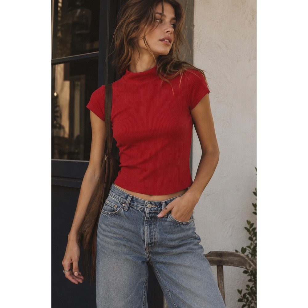 Intimately Free People Red Ribbed Mock Neck Cap Sleeve Top Size M